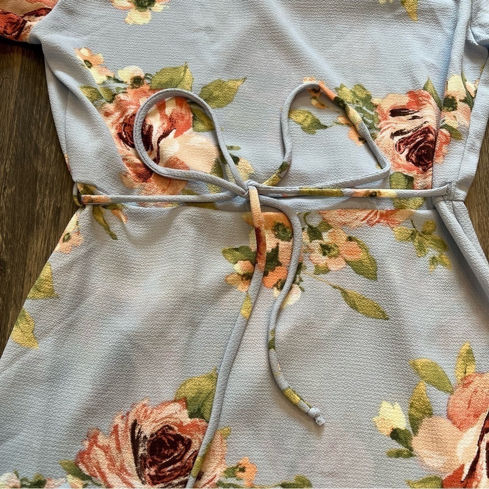 Miley+Molly Floral Blue Peplum Tied up Top Blouse Long Flare Sleeve Summer Y2K S - Picture 12 of 13